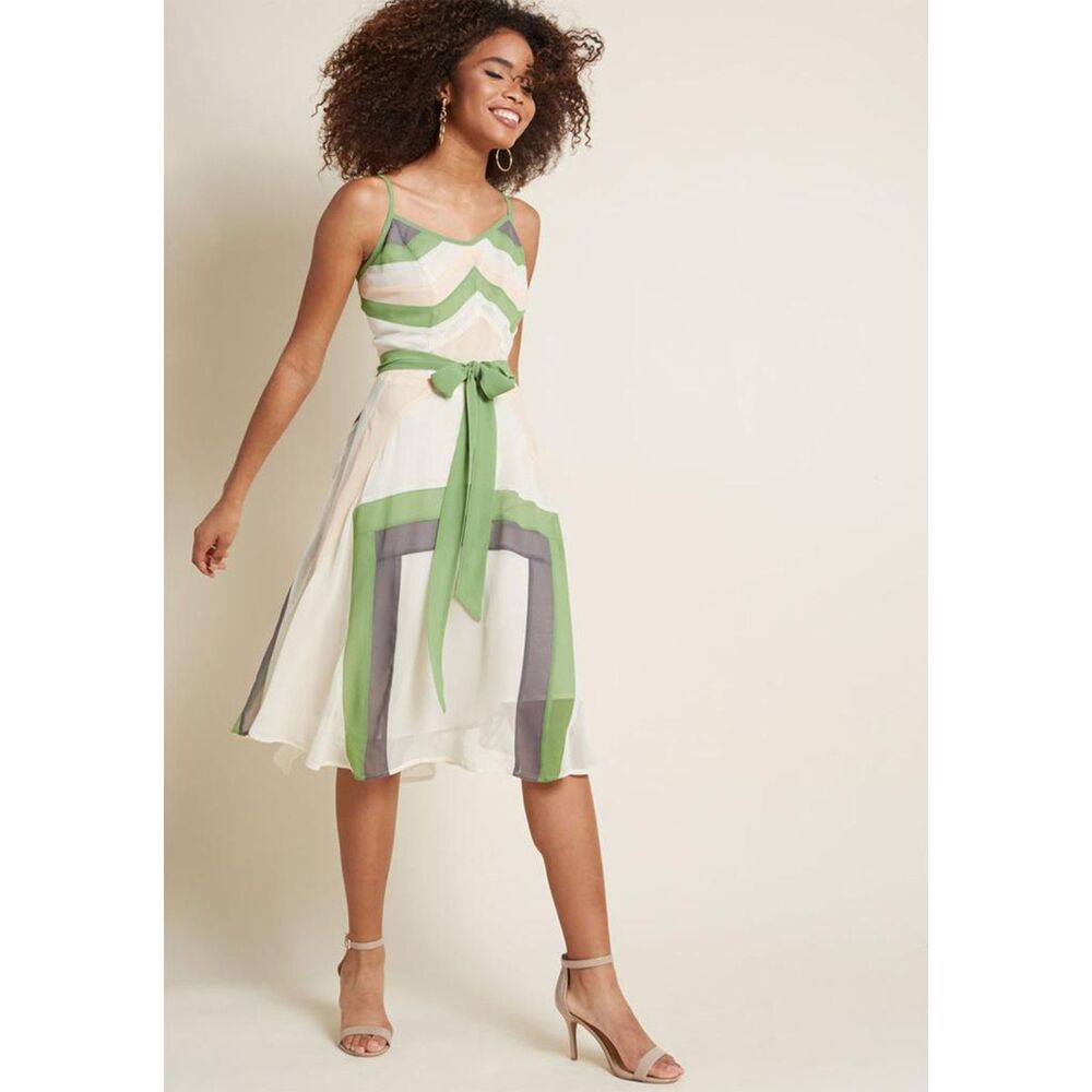 Green & White Chevron Midi Dress with Tie Waist